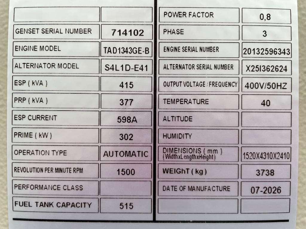 Volvo TAD1343GE-B - 415 kVA Generator - DPX-18879 Foto 6