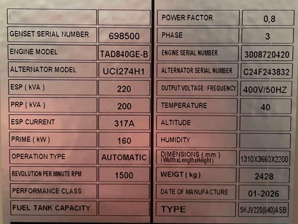 Volvo TAD840GE - 220 kVA Generator - DPX-18875 Foto 6